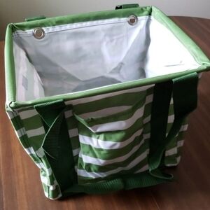 thirty- one small utility tote in green cabana stripe